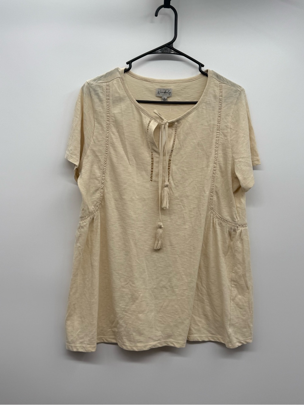 Wonderly Peasant Top Womens Small Oatmeal Knit Tassels Boho Tunic Eyelet $46.50